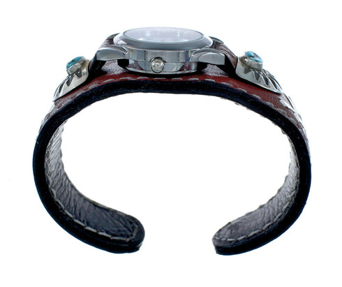 Genuine Navajo Turquoise Sterling Silver Leather Cuff Watch NN20306